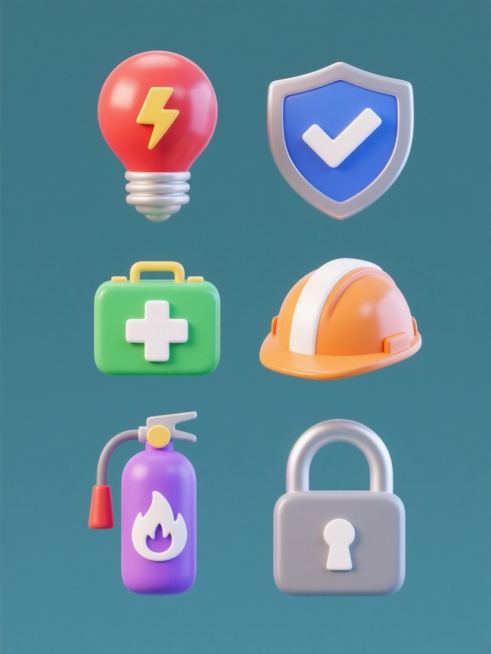 一个由6个安全题材图标组成的规整排布集合，每个图标采用圆润3D渐变风格，具有光滑的表面质感、柔和的高光和微妙的阴影，背景为纯色且各不相同。第一个图标为红色灯泡配黄色闪电符号代表电气安全，第二个图标为蓝色盾牌配白色对勾代表防护安全，第三个图标为绿色急救箱配白色十字代表医疗安全，第四个图标为橙色安全帽配白色反光条代表施工安全，第五个图标为紫色灭火器配白色火焰符号代表消防安全，第六个图标为灰色锁配白……预览效果
