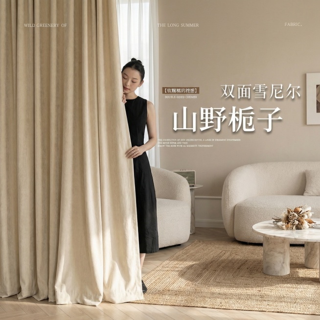不改变窗帘的面料材质，切换不同的家装场景（最好是现代风奶油风），改变角度，保留文字，一次生成4张；预览效果