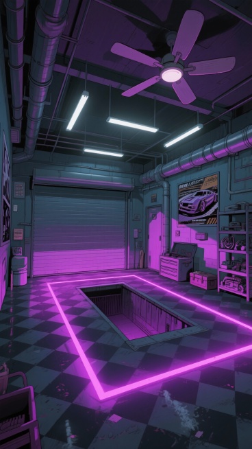 二次元，空车库背景，高级，细节丰富，紫黑色，氛围是魅惑、下沉，生成2张，不要人，4k预览效果