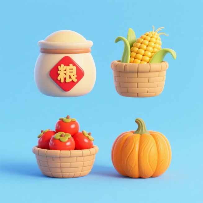 4个中秋素材组合，可爱电商促销感。素材包括：第一个粮仓（贴着带有 “粮” 字的红色菱形福字）；第二个一筐玉米；第三个一筐柿子；第四个南瓜。画面整体呈现鲜艳效果，淡蓝色背景。上下两行，排列整齐预览效果