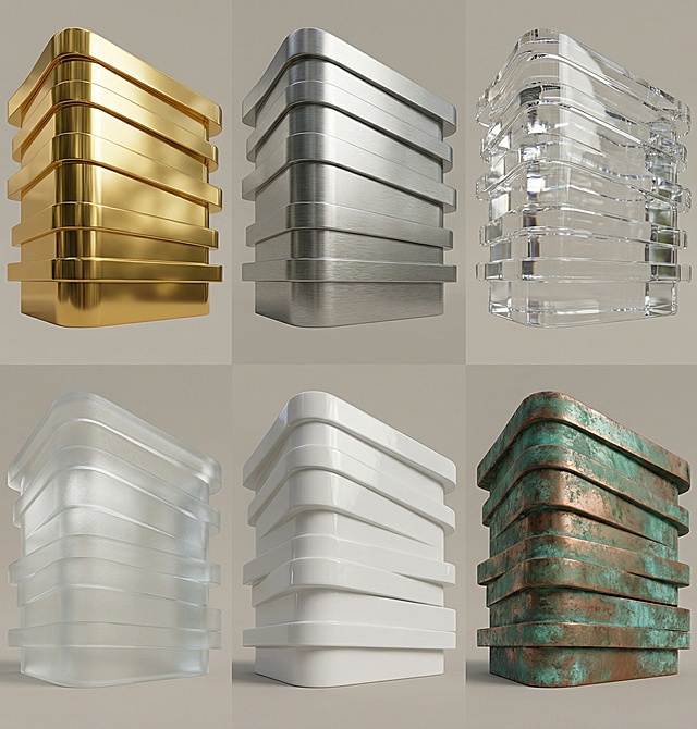 生成六个完全相同造型的该立体建筑图，每个立体建筑采用不同材质，从左到右、从上到下依次为：亮面抛光黄金质感、哑光拉丝不锈钢质感、透明水晶质感、磨砂玻璃质感、光滑陶瓷质感、复古铜锈质感，所有立体建筑均以纯色背景呈现，整体呈规整的2行3列网格排布，保持统一的3D立体风格和光影效果，突出各材质的独特纹理和反光特性。