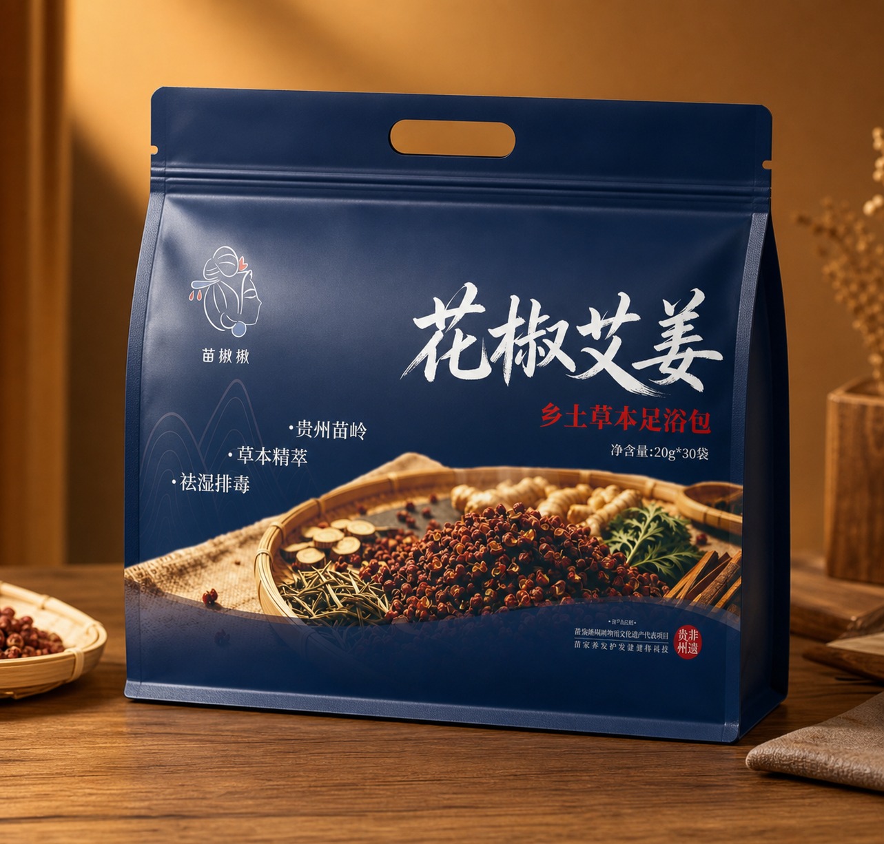 将图2的深蓝色花椒艾姜足浴包平面设计图，制作成图1同款的立体包… - 图片创意预览