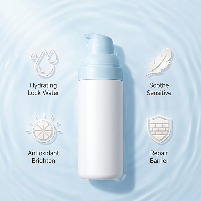 [主图-5] Multi-dimensional efficacy display scene for Multi-effect Moisturizing Cream. The product bottle is placed in the center, surrounded by four small light-colored 3D icon graphics, corresponding to the four core efficacies: "Hydrating Lock Water", "Soothe Sensitive", "Antioxidant Brighten", "Repair Barrier". The background is a light bright minimalist bathroom scene with a soft light blue water ripple gradient. Keep the product appearance completely consistent with the input product image, fine processing. [Atmosphere style] Fresh life scene, high-end simple style. [Image quality] Commercial photography texture, soft and transparent light, clear and real product, clean and advanced picture. [Light and shadow] Soft natural diffuse light, the overall bright and clean, the product focus is prominent, the surrounding icons are soft and not overwhelming. [Color matching] Main color light bright off-white, light blue as auxiliary color, overall light high-end color matching. [Perspective composition] Center product composition, icons around the four sides, reasonable layout, full screen without borders. [Text layout] English efficacy labels next to the icons, simple font, small size, clear and not overwhelming. [Proportion resolution] 1:1 proportion, 2K resolution, super high definition. [Negative prompt] Deformation, watermark, text confusion, blurred product picture, messy background, Chinese characters, exaggerated words, extra marketing information