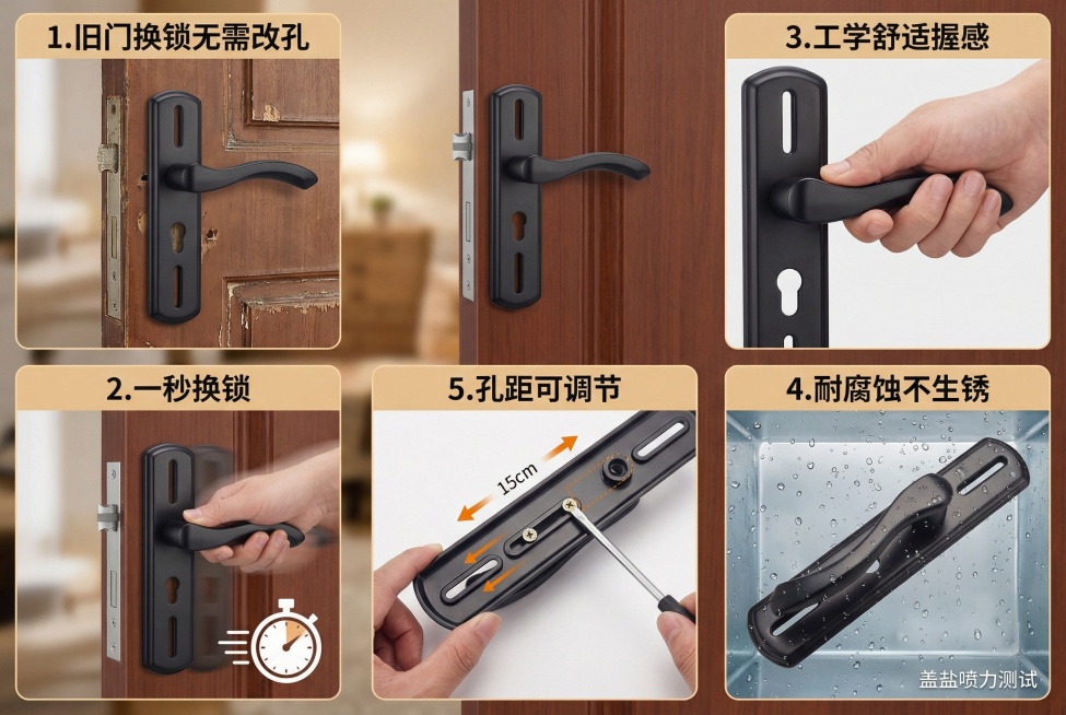 帮我生成一组拼多多套图，这款商品产品名称：【直售款】简约现代黑色门把手室内卧室房间门锁50锁体通用型房门锁 核心卖点：旧门换锁无需改孔，木工推荐一秒换秒懂，换锁无忧轻松安装，把手结合工程学设计舒适握感预览效果