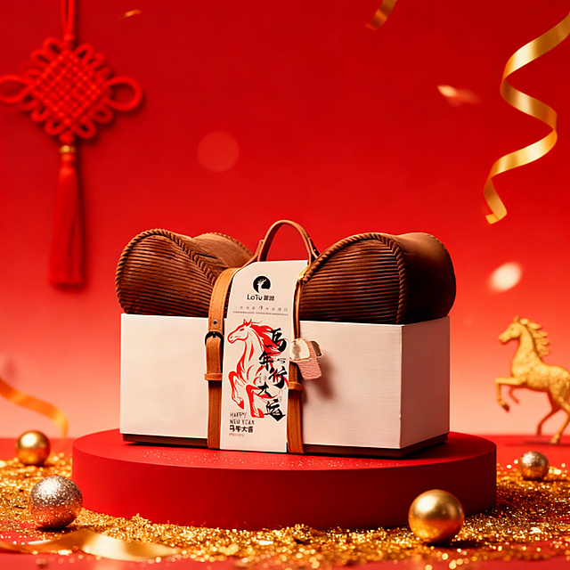 主体位于画面中心，被放置在金粉、金球装饰的高级感红色展台上（主体占画面比30%），背景为渐变红（中国结、金色彩带、金马剪影点缀，虚化）。整体呈现喜庆高级的新年主题氛围，正面视角，自然光影保证溶图效果。