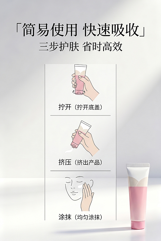 严格还原参考图中的产品设计，精准复刻包装设计、产品配色、LOGO位置及比例、文字内容及字体、图案元素及细节，无任何偏差，色彩无失真。产品与画面其他元素比例遵循真实物理空间逻辑，视觉协调，比例1:1还原，杜绝比例失衡、视觉突兀。画面比例为2:3竖版，高级简约风，莫兰迪干净色调，明亮柔光。主标题「简易使用 快速吸收」位于上1/3居中，副标题「三步护肤 省时高效」在下方居中。画面垂直排列三步示意图（拧开→挤压→涂抹），搭配极简文字说明，产品小图置于角落。分割线清晰，层级明确，易懂易操作。2K高清
