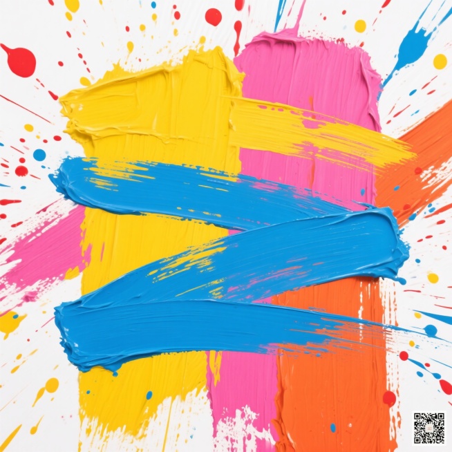 抽象艺术海报，画面中央由黄色、蓝色、粉色、橙色的厚实油画笔触构成主要色块，笔触粗犷有力，带有明显的颜料堆砌纹理和边缘飞白效果，色块间相互交错叠加，背景散布着大小不一的红色、黄色、蓝色颜料飞溅斑点，整体具有强烈的动感和色彩冲击力，色彩鲜艳明快，营造出热情奔放的艺术氛围，无文字和二维码元素。预览效果