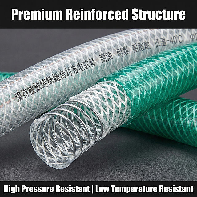 [Main Image 4]
[Product theme] HD close-up display of product details
[Style/Atmosphere] High-definition detail magnified display, professional texture presentation
[Screen elements] Magnify the local texture of the transparent pvc composite steel wire hose, focusing on showing the layered structure of the product: the surface pvc material, the inner woven polyester thread and the embedded galvanized steel wire helix, highlighting the thickened and strengthened process features, the texture is clear, the product's own text printing is completely retained, the depth of field is shallow, the focus is on the detail part, and the product appearance matches the original uploaded picture.
[Color scheme] Dark gray background, highlighting the transparent and green texture of the product and the metallic luster of the steel wire
[Perspective composition] Close-up macro perspective, focusing on structural details
[Text layout] English title "Premium Reinforced Structure" at the top, small text description "High Pressure Resistant | Low Temperature Resistant" at the bottom, all text is white bold, placed in the blank area, does not block the detail part, conforms to Amazon cross-border platform specifications
[Proportional resolution] 1:1 ratio, 2048px resolution