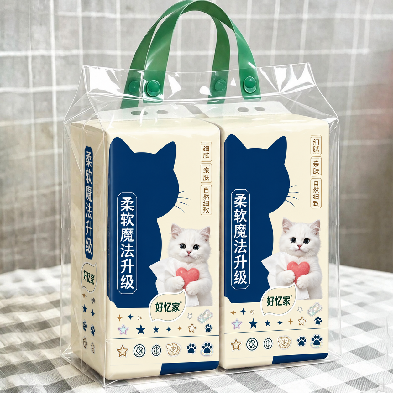 将第一张白底图中的悬挂式面巾纸包装设计完整迁移到本图中的两提面… - 图片创意预览