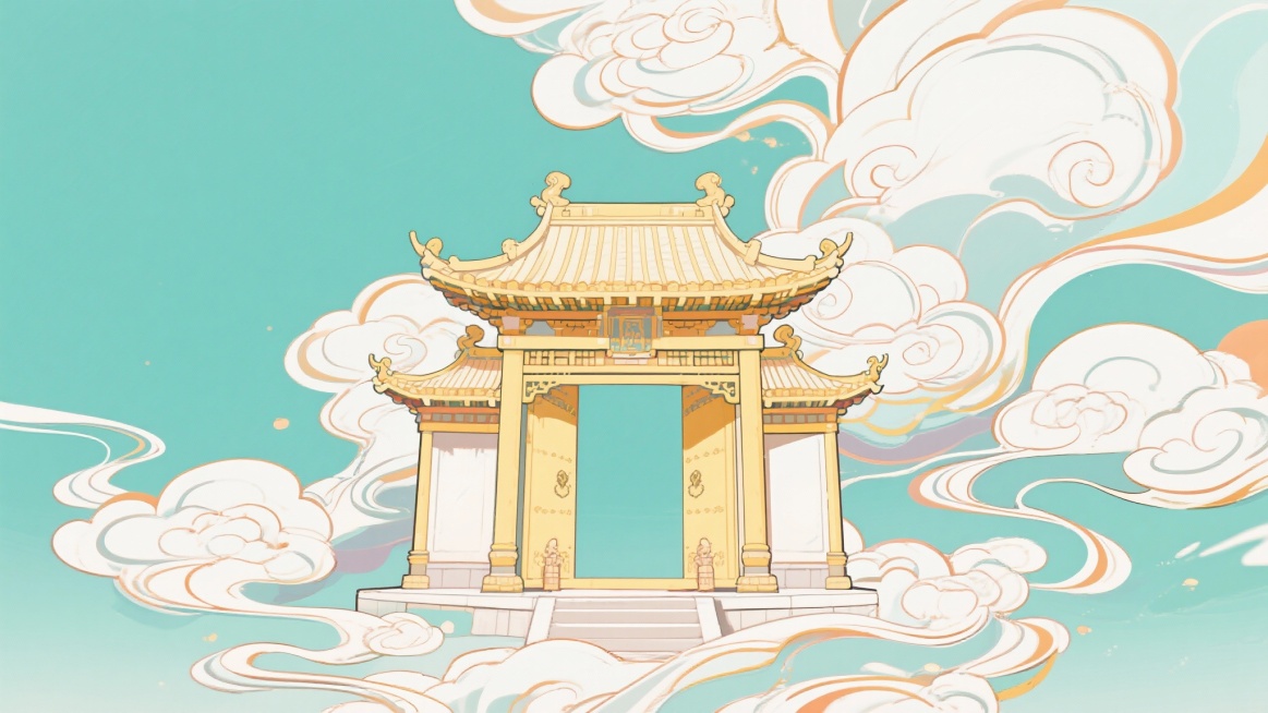 二次元古风，梦境，云上，宫殿门口，构图夸张，浅黄色，浅白色，细节丰富，素材丰富，不要人物，生成2张，16:9预览效果