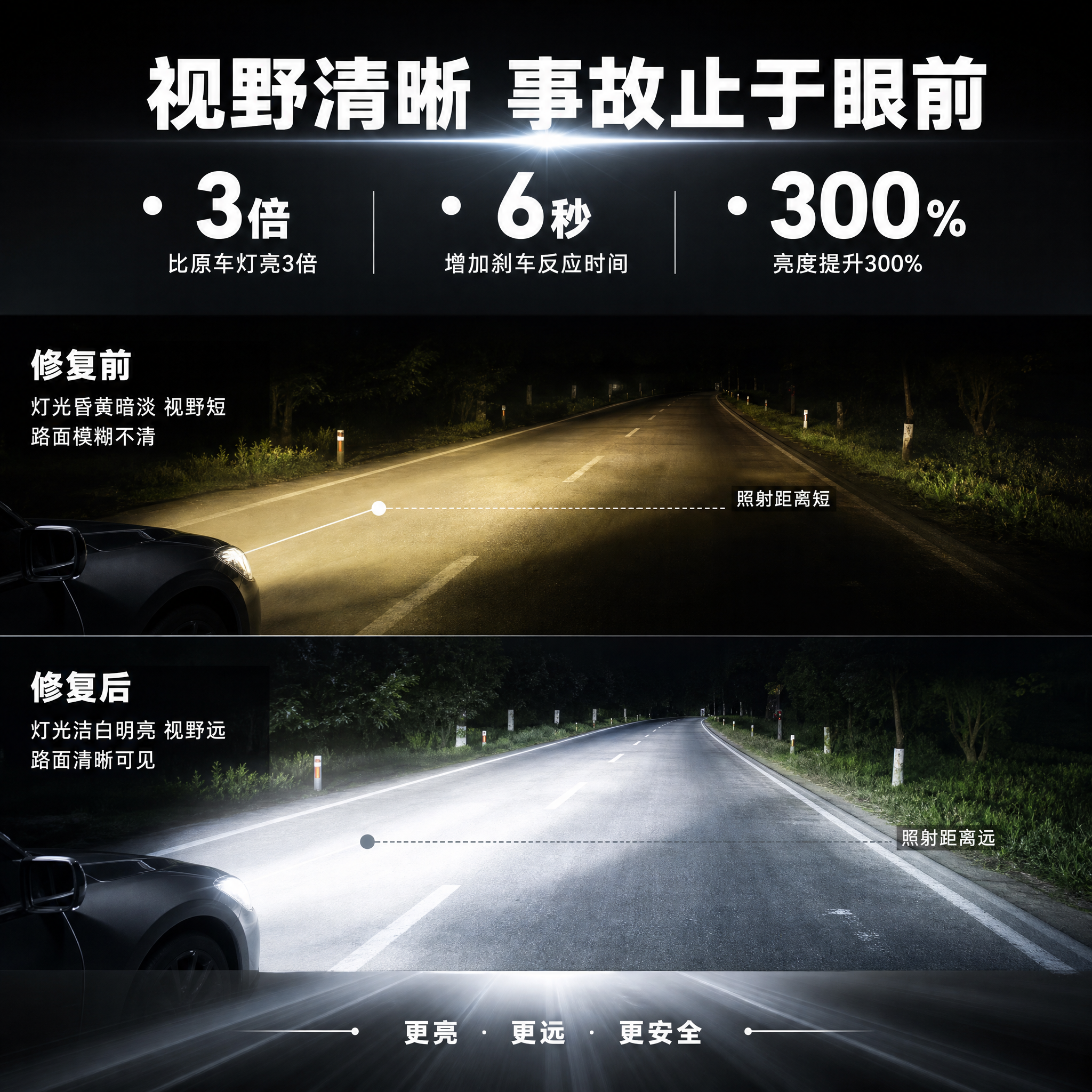 [主图-3] 大灯修复效果信息可视化对比图，展示亮度提升与行车… - 图片创意预览