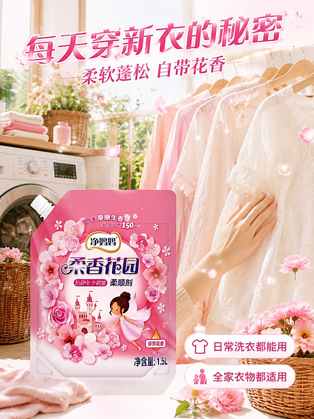 [第4屏] 详情页场景种草-日常洗衣使用场景与衣物效果展示。本屏使用【图1】作为商品主体。
[氛围/风格] 温馨家居场景，生活感强，柔美光线，商业摄影质感，抖音/快手种草风格。
[元素布局] 画面左侧为明亮的阳台洗衣场景，洗衣机旁摆放着柔顺剂产品，占比约30%；右侧展示晾晒的柔软衣物特写，衣物上有花瓣飘落和香气粒子效果；前景有一位女性手部轻抚衣物，感受柔软质感；产品包装外观与输入图一致。
[光影质感] 自然光从窗外洒入，柔和暖光，衣物有蓬松柔软的光感，整体温馨明亮。
[配色色系] 全局底色 #FFF5F8；主色暖粉色；辅助色白色衣物、木色家具、绿色植物点缀。
[视角构图] 场景横向展开，阅读动线左侧洗衣场景 → 中部产品 → 右侧衣物效果特写。
[文字版式] 顶部主标题「每天穿新衣的秘密」，副标题「柔软蓬松 自带花香」；右下角配场景标签「日常洗衣都能用」+「全家衣物都适用」；文字不遮挡主体场景。
[比例分辨率] 3:4 竖版比例，4K 分辨率，文字清晰可辨，高清画质。
[负向提示词] 包装变形，人物面部模糊，衣物质感差，水印，文字错乱，场景杂乱。