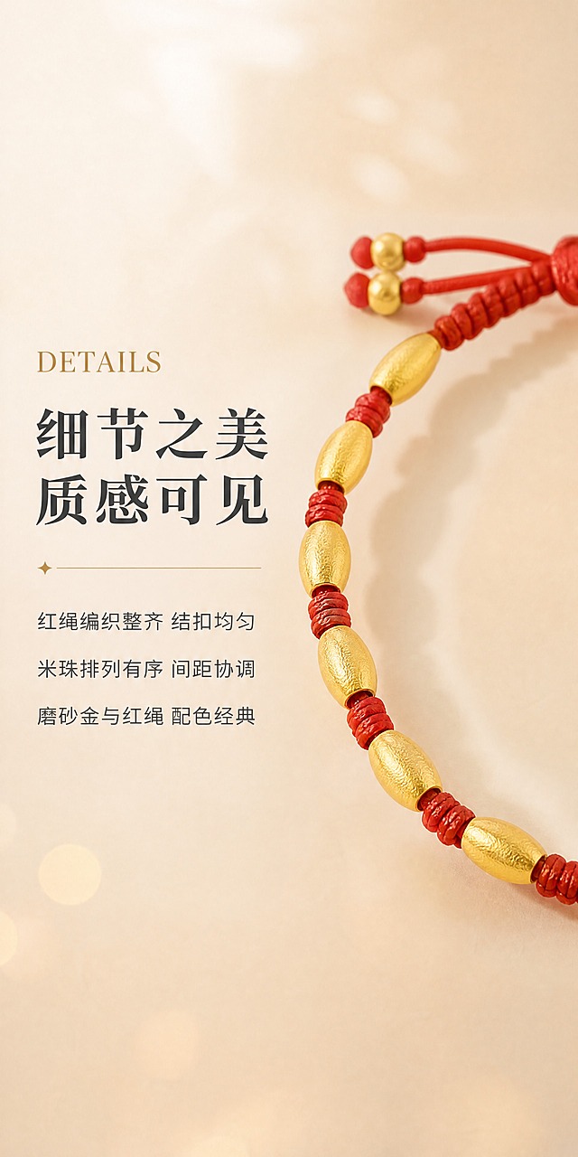 [商品] 使用【图5】大米珠手链局部微距图；严格保留产品完整结构、比例、米珠形状、红绳结扣、古法哑光黄金质感、红绳编织纹理；黄金颜色严格保持黄澄澄本色，不发白不过曝不死黑；红绳颜色严格还原原图正红色；产品不变形。
[画面] 页面目标：细节展示，统一暖调轻奢氛围感；构图：左文右图布局，手链局部位于画面右侧，占画面宽度约55%；阅读动线：左侧标题→正文→右侧产品细节；前景：产品及淡影；中景：暖香槟金渐变背景；背景：细腻纸张肌理，整体暖调统一有氛围感；整体精致细腻，突出质感。
[视觉] 套系策略：风格=现代轻奢珠宝画册风，高级简约有氛围感；标题字=思源宋体 Heavy；正文字=思源黑体 Regular；英文=Playfair Display；主色=暖香槟金渐变（#F5EEE3→#EDE2D0）；背景延展=全6页统一暖香槟金系，每页加入柔和光影、细腻肌理、光晕层次，色调完全统一有氛围感；强调色=暖金棕#A67C3F；标题色=深炭灰#2C2C2C；正文色=中灰#5A5A5A；组件=细金线、抽象装饰线；光影=柔和顶侧光，突出金珠磨砂肌理和红绳纹理，产品下方自然淡影。
[文字] 左侧全部左对齐：英文小标题「DETAILS」（Playfair Display，暖金棕）；大标题「细节之美 质感可见」（思源宋体 Heavy，深炭灰，48px）；正文3行（思源黑体 Regular，中灰）：「红绳编织整齐 结扣均匀」「米珠排列有序 间距协调」「磨砂金与红绳 配色经典」；所有文字横向排版，不遮挡产品。
[规格] 淘宝手机端竖版，比例1:2，4K分辨率，quality=medium；负向提示：禁止纱布、台面、玻璃、贝壳等多余道具，禁止国风古风元素，禁止黄金发白过曝或死黑，禁止红绳偏色，禁止产品变形，禁止竖排文字，禁止蚂蚁字，禁止冷色调背景。