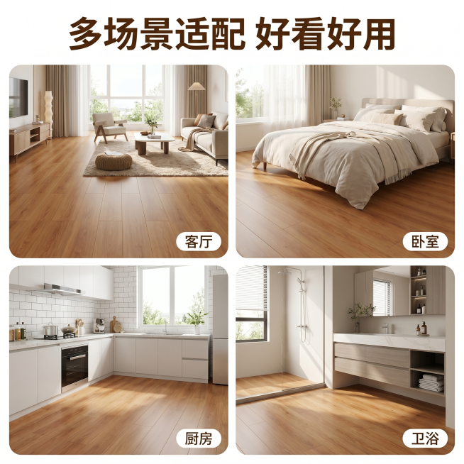 「图片1」，生成一套主图（5张），商品名称是spc锁扣地板，卖点是零醛环保、防水防潮、耐磨抗造、地暖适配、安装便捷、颜值高易打理，风格是简约风，适配淘宝/天猫平台，主图比例为1:1预览效果