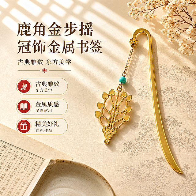 [主图-1重制] 产品身份首图，背景更明亮，增加窗格光影细节；金属书签颜色、形状、细节严格参考【图7】【图8】【图9】【图10】，保持鹿头朝下、弯钩在上的悬挂方向，金色哑光质感，绿松石圆珠颜色，镂空叶片纹样，链条与祥云挂钩细节完全一致，不得改变。
[统一基调] 整体风格=国风雅致写实商业摄影；背景主色=明亮浅米金；标题字色=深棕金；辅助字色=暖棕灰；强调色=朱砂红；字体样式=宋体衬线粗体；卡片/边框样式=细金色圆角边框、浅底信息卡。
[画面] 书签斜向悬挂放置于画面中央偏右，鹿头吊饰朝下、弯钩在上，完整展示金色弯钩杆、镂空鹿头鹿角花树吊饰（鹿首朝下）、绿松石圆珠吊坠、祥云纹挂钩；背景为更明亮的浅米宣纸质感，左上角有窗格投射的菱形光影条纹，右上角点缀白色干花枝条，左下角放一张半露的古籍书页与浅陶盘一角；产品占画面55%，俯视45°拍摄。
[光影质感] 左前侧更明亮的暖柔自然光，窗格光影在背景形成清晰条纹；金属表面有细腻哑光金色高光与柔和反光，书签底部有自然柔和的接触阴影，整体光影层次更丰富，金属质感真实细腻。
[配色] 主色明亮浅米金，背景做同色系深浅渐变与宣纸纹理延展；强调色朱砂红仅用于小面积图标和标签点缀；产品哑光金色与绿松石蓝绿色形成视觉焦点。
[文字版式] 左上角放主标题「鹿角金步摇冠饰金属书签」，下方副标题「古典雅致 东方美学」；左侧放三个圆形图标卖点卡，分别是「古典雅致 东方美学」「金属质感 坚固耐用」「精美好礼 送礼佳品」；文字横排，不遮挡产品主体。
[输出要求] 1:1正方形800×800px，2K分辨率，文字清晰可读，产品清晰锐利；书签颜色形状细节严格与参考图一致；避免变形、错字、模糊、杂乱、水印、平台Logo、冷蓝背景、产品结构失真、方向颠倒。