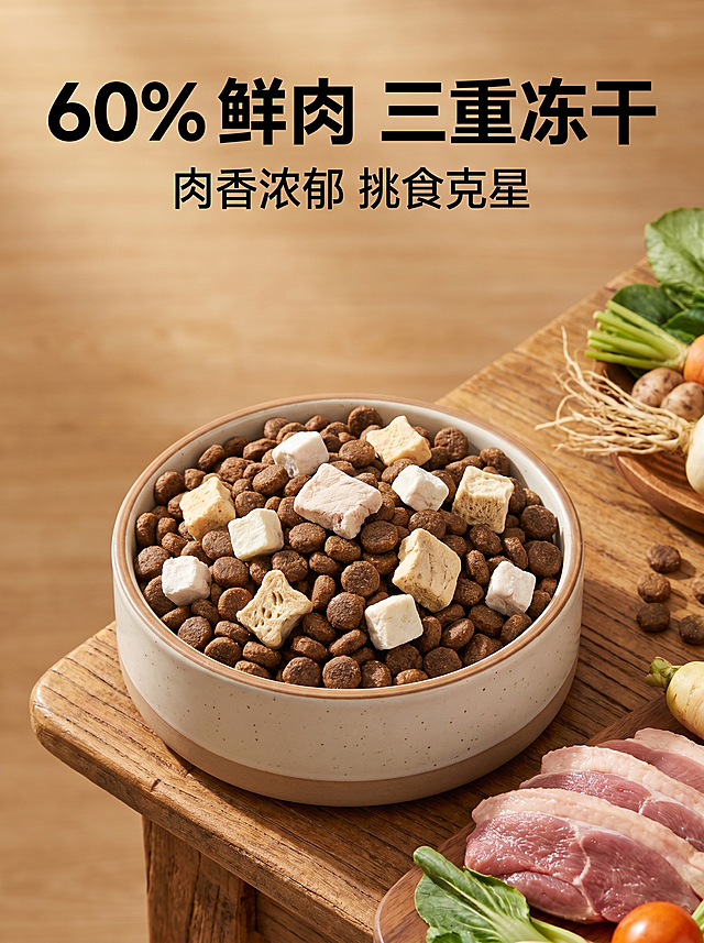 [主图 3] 网易天成三拼犬粮颗粒质感特写图。
[氛围风格] 原木暖调质感，突出食物颗粒真实质感
[画质] 8K超高清实景商业摄影，粮食颗粒纹理、冻干肌理、肉类纹理清晰可见，暖调自然光，质感饱满清晰，画面干净高级
[元素] 原木风桌面实景，中心摆放盛满犬粮和混合冻干的宠物食盆，旁侧摆放新鲜生肉食材实拍，近距离特写颗粒与冻干质感，构图聚焦食材粮食本身，文字和食材画面上下分区，视觉层次清晰。保持产品配方颗粒外观质感和描述一致，商品主体占比控制在75%左右，画面满屏无边框。
[光影] 暖调自然光从侧面照射，突出颗粒和冻干的酥脆肌理，光影柔和有质感，颗粒纹理细节清晰，高光自然不溢出，质感饱满。
[配色] 主色调原木暖米色，搭配粮食的棕褐色调，自然温暖，视觉舒适。
[视角构图] 近距离俯视特写构图，聚焦食盆中粮食，景深较浅突出主体质感，视觉层次清晰，上下分区明确。
[文字版式] 主文案"60% 鲜肉 三重冻干"居中粗黑大字体，深色调；副文案"肉香浓郁 挑食克星"放置主文案下方，纤细浅色字体排版；文字在上，食材在下，分区清晰，文字不遮挡主体，清晰易读。
[比例分辨率] 3:4 比例，2k 分辨率，文字清晰可辨，超高清画质
[负向提示词] 变形，水印，文字错乱，产品图模糊，背景杂乱，遮挡主体