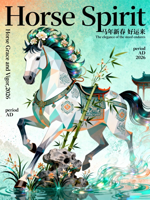 平面插画，海报设计，高级，排版艺术，中式骏马鬃毛插花造型，肌理磨砂，噪点，弥散渐变，扁平插画，晕染，高饱和渐变背景，新中式扁平商业插画，几何工笔勾勒骏马轮廓，宋代美学意境，太湖石与马形轮廓融合，中式兰预览效果