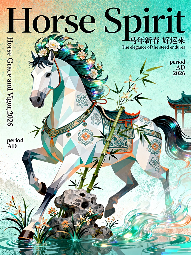 平面插画，海报设计，高级，排版艺术，中式骏马鬃毛插花造型，肌理磨砂，噪点，弥散渐变，扁平插画，晕染，高饱和渐变背景，新中式扁平商业插画，几何工笔勾勒骏马轮廓，宋代美学意境，太湖石与马形轮廓融合，中式兰花兰草化作马蹄踏过的花草，细长枝叶缠绕马身，中式建筑飞檐化作马的装饰元素，中式花纹布满马身，超现实动态感，透明流体模拟马奔跑时带起的光影，酸性插画色系，色彩强烈，国风美学，冷色调为主搭配局部暖色点缀，骏马作为主体放大（毛发呈现流光质感），竹子变形为马鞭或马饰，淡雅的渐变色与撞色结合，颜色明快，东方美学，创新构图突出马的矫健身姿与神韵，富有层次感，元素重构，写着“period AD 2026”，左侧文字“Horse Grace and Vigor,2026”，上方写着“Horse Spirit”（居中放大），下方有“马年新春 
 好运来”和“The elegance of the steed endures”