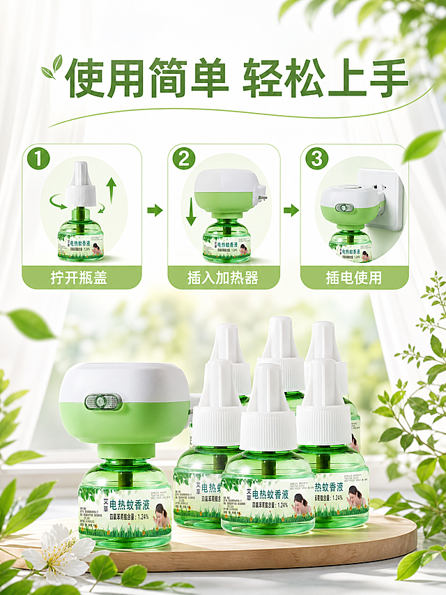 电热蚊香液使用步骤图解，主标题"使用简单 轻松上手"，三步文案：①拧开瓶盖 ②插入加热器 ③插电使用，清新自然风格，商品展示