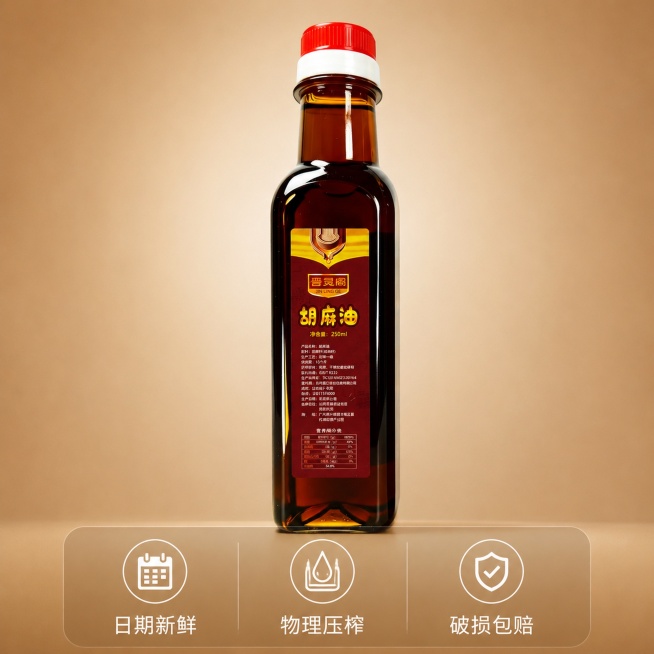 [主图5] 规格与服务承诺主图，促进用户下单转化。氛围风格：简洁清晰品质感，信息一目了然。画质：清晰商业摄影，画面干净高级。元素：晋灵阁胡麻油产品居中完整展示，下方横向排列三项服务承诺图标加文字，背景预览效果