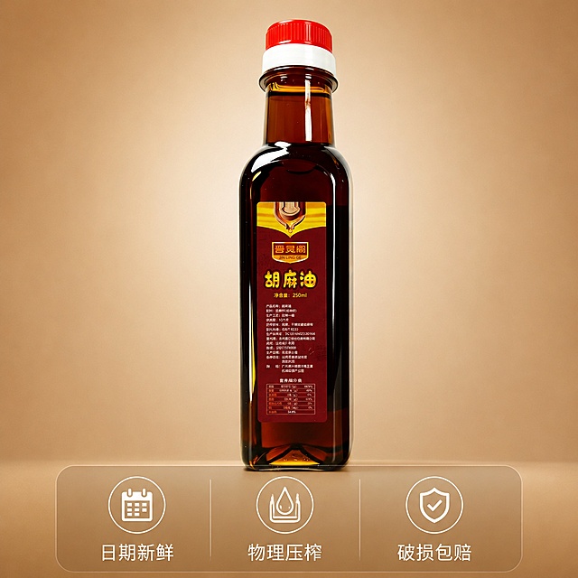 [主图5] 规格与服务承诺主图，促进用户下单转化。氛围风格：简洁清晰品质感，信息一目了然。画质：清晰商业摄影，画面干净高级。元素：晋灵阁胡麻油产品居中完整展示，下方横向排列三项服务承诺图标加文字，背景为干净浅棕渐变，不抢主体。保持胡麻油瓶外观、结构、颜色与原图完全一致，杜绝变形色差。商品主体占比约70%，布局工整。光影：均匀柔和影棚光，产品清晰轮廓完整，无生硬阴影。配色：主背景浅暖棕，产品红棕突出，文字米白清晰对比强。视角构图：居中对称平视构图，简洁干净稳重。文字版式：产品下方半透明悬浮条，横向均分三列排列服务承诺，每列上图标下文字：第一列「日期新鲜」，第二列「物理压榨」，第三列「破损包赔」，文字清晰，字体统一，大小适中。输出要求：1:1正方形比例，文字清晰锐利，超高清商业摄影质感。负向提示词：变形，文字错乱，产品图模糊，背景杂乱，水印，电商平台Logo。