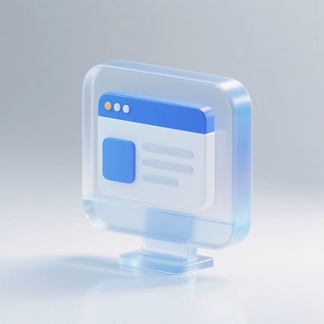 一个电脑打开网页的图标，icon，材质透明，蓝白色配色，磨砂玻璃质感，透明感，UI、UX设计风格，等轴测视角，纯白色背景，影棚灯光，色彩明亮，3D艺术，使用C4D软件制作，配合OC渲染器，Pinterest、Dribbble、behance， 细节，高清