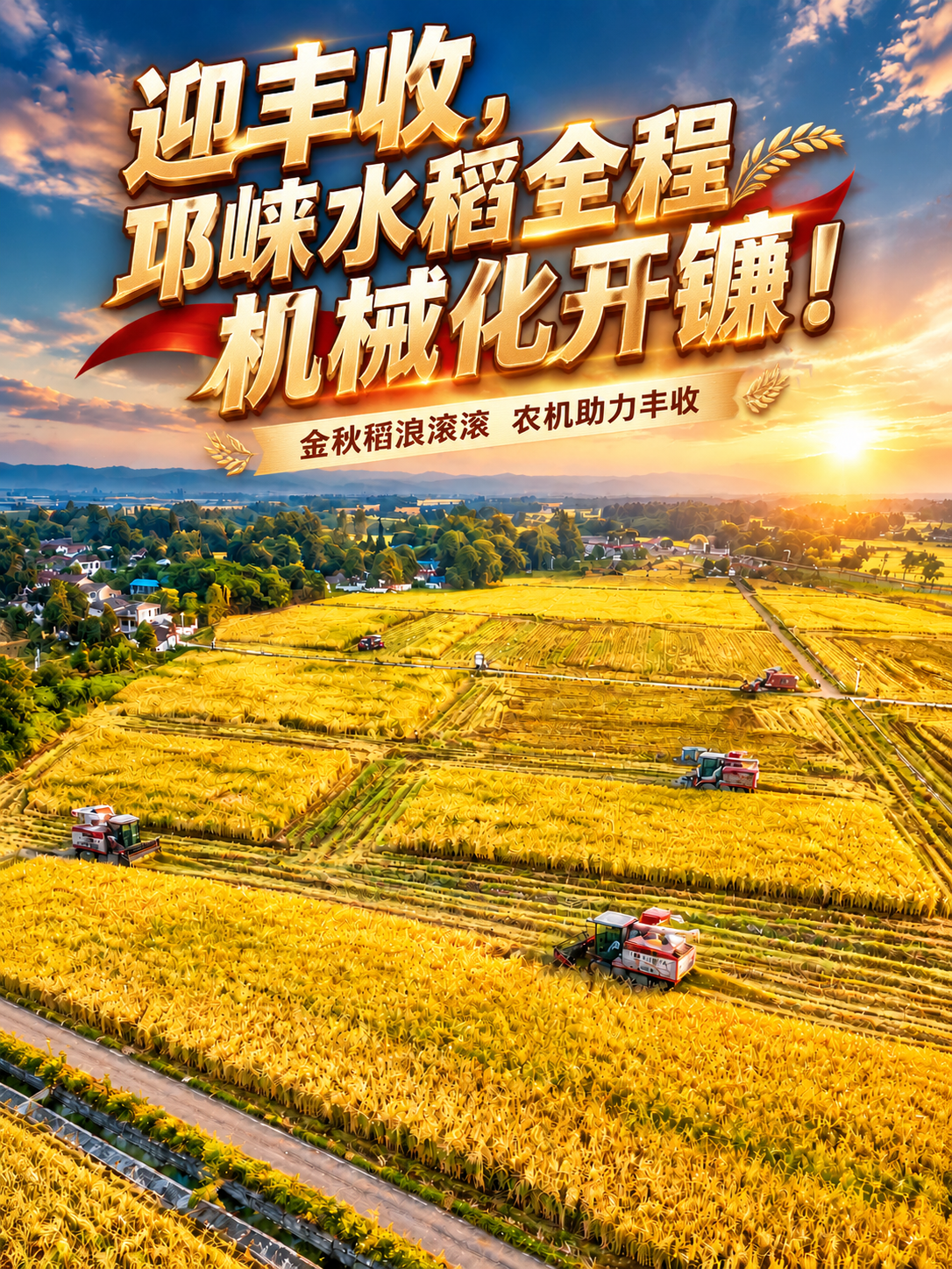 基于这张丰收稻田航拍图，重新设计海报标题排版。将主标题"迎丰收… - 图片创意预览