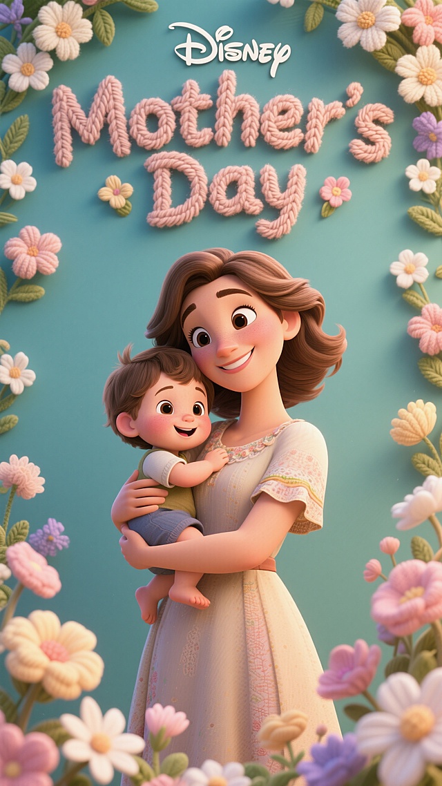 标题为“Mother's Day”字体为毛线搭配一些花朵点缀。主视觉为三维卡通电影迪士尼风格：一个妈妈怀抱一个小孩，人物特写居中，鲜花装饰