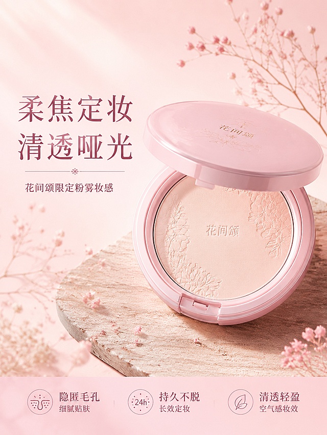 [第1屏] 详情页头图-花间颂粉色粉饼新品宣传海报。
[氛围/风格] 清新淡雅国风，粉色系氛围感，高级商业彩妆摄影质感，柔焦光影。
[元素布局] 花间颂粉色粉饼置于画面偏右位置，占比约65%；左侧预留主标题区域，背景搭配浅粉色渐变+干花装饰元素；产品外观形状、粉色外壳与名称描述一致，突出精致粉饼盒设计。
[光影质感] 左上侧柔光打光，右下自然柔和投影，粉饼外壳保留细腻高光，整体通透干净。
[配色色系] 全局底色 #FAF0F4；主色柔粉色；辅助色浅木色背景、深粉色标题文字。
[视角构图] 正面45°斜视角，产品为绝对视觉中心，阅读动线：左标题 → 右产品 → 底部信息。
[文字版式] 版式为左标题 + 右产品 + 底部信息条。主标题「柔焦定妆 清透哑光」，副标题「花间颂限定粉雾妆感」，左对齐排版；底部左侧卖点「隐匿毛孔 持久不脱」，文字清晰不遮挡产品主体。
[比例分辨率] 3:4 竖版比例，4K分辨率，文字清晰可辨，高清画质。
[负向提示词] 产品变形，缺件错件，颜色偏差，水印，文字错乱，产品图模糊，文字过小。