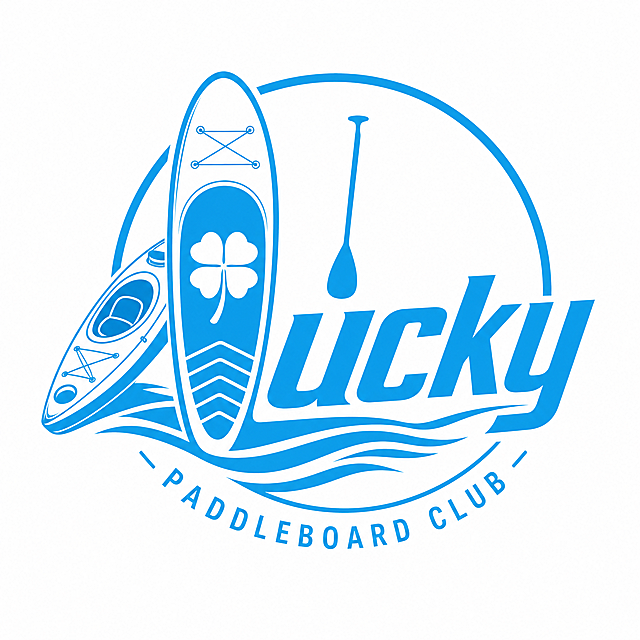 Lucky桨板聚乐部logo，包含英文“Lucky”，Lucky首字母L设计为桨板形态，板面上画四叶草，后方搭配迷你皮划艇，天蓝色加白色，清爽运动风logo