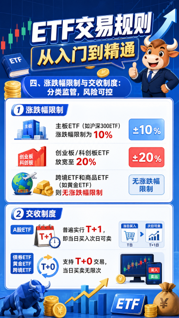 制作一张金融知识科普海报，主题为"ETF交易规则从入门到精通"，副标题为"四、涨跌幅限制与交收制度：分类监管，风险可控"，内容文字为：主板ETF（如沪深300ETF）涨跌幅限制为10%，创业板/科创板预览效果