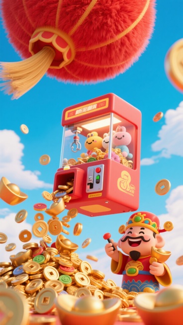 画面中心天空中一个超大的红色喜庆毛绒质感抓娃娃机，娃娃机里面放满了各种可爱的金银元宝、铜钱钱币，很多3D的各种样式的元宝金币从娃娃机里冲出来，延绵流下来堆积成山，软3D风卡通财神，毛发生长质感，笑容满预览效果