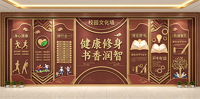 设计学校文化墙，尺寸3*1.5米横版，颜色棕红色和金色为主，主题：健康修身 书香润智。材质pvc加雪弗板，有一定造型设计。