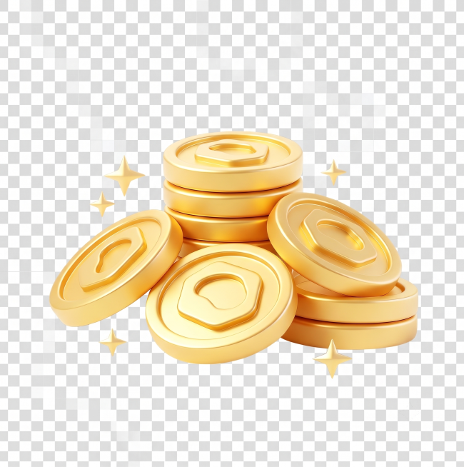 将金币上的星星图案替换成图片2的不规则圆角五边形图案，保留原图片整体的金色3D风格、金币堆叠布局和透明背景，整体质感和光影效果不变预览效果