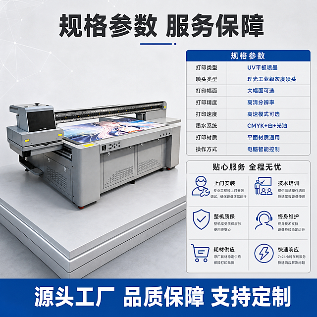 [主图-5] 磁悬浮理光UV打印机规格参数与服务保障图。
[氛围风格] 专业规格说明风，清晰可信，打消下单顾虑；
[画质] 商业摄影质感、光线均匀明亮、产品清晰真实、表格文字锐利清晰、画面干净高级。
[元素] 画面左侧为磁悬浮理光UV平板打印机主体侧视全貌，放置在浅灰色工业展示台上，背景是简洁的浅灰渐变+细微科技网格纹理。右侧为规格参数与服务信息区，分为上下两部分：上部是规格参数表，下部是服务保障承诺。参数表包含：打印类型（UV平板喷墨）、喷头类型（理光工业级灰度喷头）、打印幅面（大幅面可选）、打印精度（高清分辨率）、打印速度（高速模式可选）、墨水系统（CMYK+白+光油）、打印材质（平面材质通用）、操作方式（电脑智能控制）等核心参数。服务保障区包含：上门安装、技术培训、整机质保、终身维护、耗材供应、快速响应等6项服务图标+文字。**保持打印机外观（即物理结构、材质质感、颜色）与输入产品图一致，杜绝任何变形和色差，精细化处理**；设备主体占比约50%，放置稳定有接触阴影，无悬浮感。
[光影] 左前上方柔光主光，设备金属面高光清晰，右侧有柔和补光提亮暗部，整体光线均匀明亮，参数区文字清晰无阴影遮挡；底部柔和接触阴影，立体感强。
[配色] 主色浅灰+银灰（设备+浅灰背景）；辅色科技蓝（表头、图标、强调数据）；强调色深灰（正文文字）。
[视角构图] 左右分栏构图，左侧约50%为设备主体，右侧约50%为参数与服务信息；整体满版排布，信息密度高但层级分明，设备完整不裁切。
[文字版式] 顶部通栏大标题"规格参数 服务保障"，深灰色大号粗体无衬线，居中，下方细蓝线装饰。右侧上部参数表采用两行式布局，每行是"参数名称 + 参数值"，名称深灰色常规字，值为蓝色粗体字，行间有细浅灰分隔线，整体清晰易读。右侧下部服务区标题"贴心服务 全程无忧"，中号深灰色粗体；下方6个服务项分两列三行排列，每项为蓝色线条图标+上方服务名称（深灰色中号）+下方小字说明（浅灰色小号），图标统一风格。底部通栏深蓝底白条，居中大字"源头工厂 品质保障 支持定制"，白色粗体。
[输出要求] 1:1比例，文字清晰锐利，画面超高清商业摄影质感。
[负向提示词] 变形，文字错乱，产品图模糊，背景杂乱，水印，电商平台Logo，多余的手，多余的手指，畸形手，融合手指，手部扭曲，肢体穿模，人物面部扭曲，关节反折。