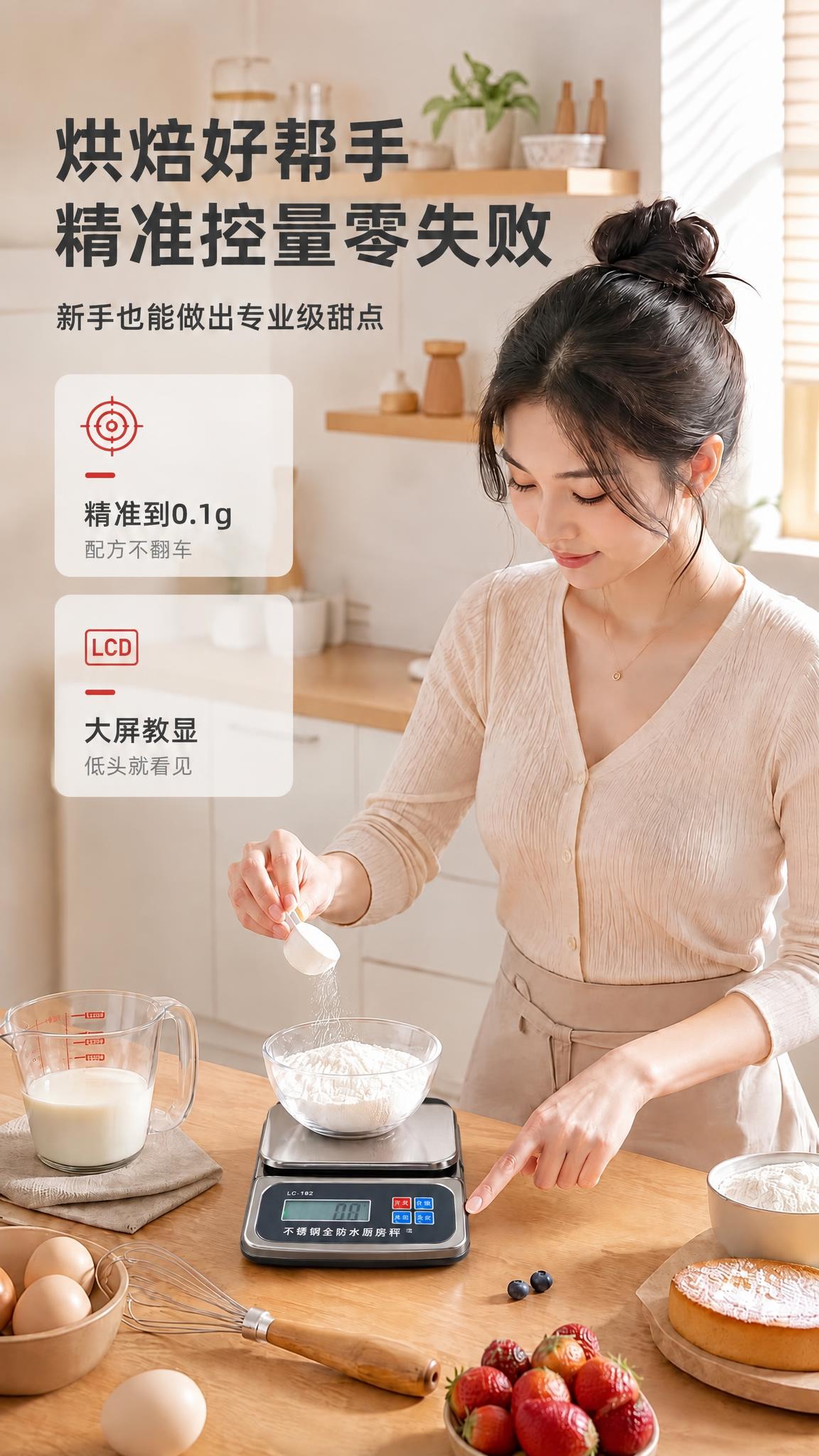 将图一中的厨房秤替换为图二中的厨房秤（带黑色后盖凸起的款式），… - 图片创意预览