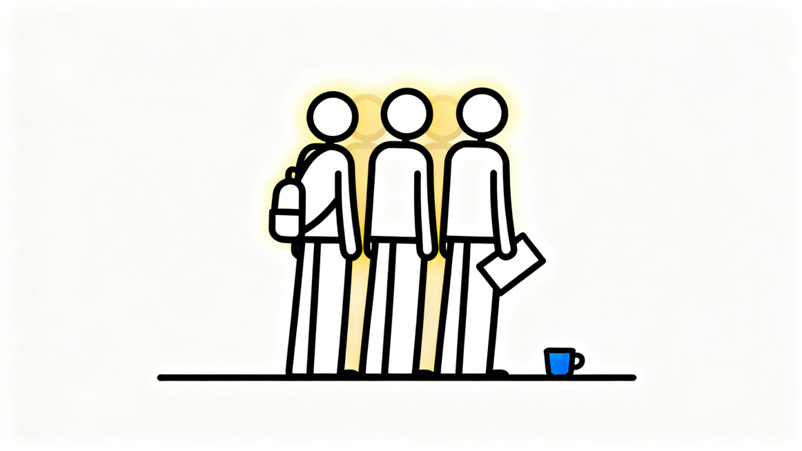 Minimalist stick figure illustration, thick black line art on pure white background, a group of thre预览效果
