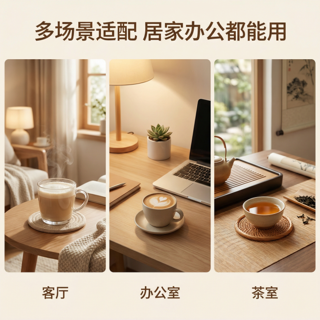 [主图 4] 多场景适用性展示
[主图主题] 杯垫多场景使用展示
[氛围/风格] 舒适治愈，生活化，温馨自然
[画面元素] 三宫格分格展示同一套杯垫在不同场景使用：第一格客厅茶几放奶茶杯、第二格办公桌预览效果