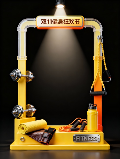 3D 风格边框，风格简约创意且充满黄色活力感，3D 立体感鲜明。边框以健身器材架轮廓为主创意。环绕的收纳中放有哑铃、瑜伽垫、跳绳、运动水壶、护腕等元素，大小对比错落有致、层次鲜明；最上方有运动射灯照明预览效果