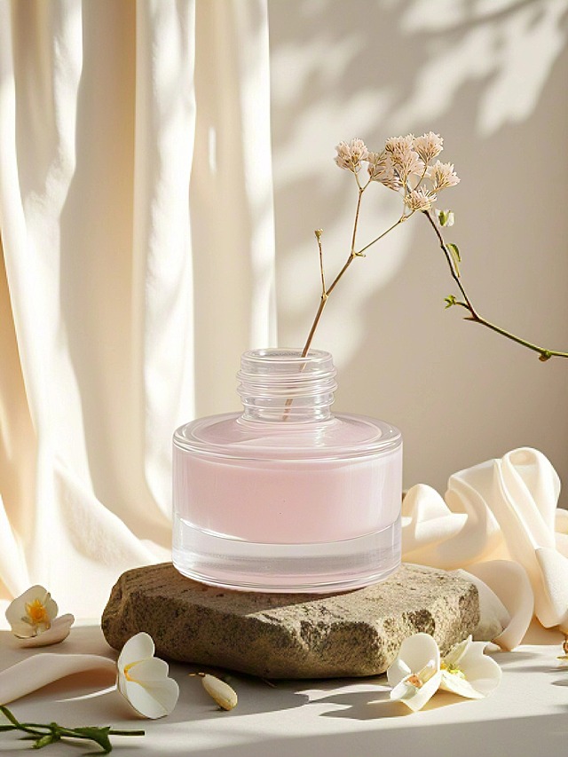 背景干净，地面有一个岩石，岩石上放着着产品，绸缎围绕，光影结合，周围花瓣点缀。