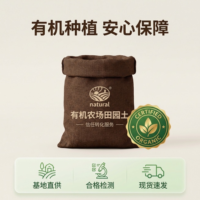 [主图主题]有机农场田园土 信任转化服务主图
[氛围/风格]极简干净风格，专业可信感
[画面元素]产品包装袋居中放置，旁边放置有机认证证书的特写徽章，背景为纯净浅米色，简洁干净，无多余干扰元素，产品主预览效果