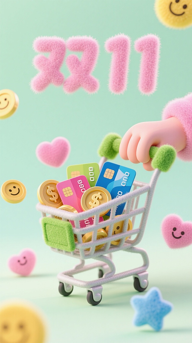 毛绒质感手推购物车，装满卡与币，呈现出欢乐的购物场景。