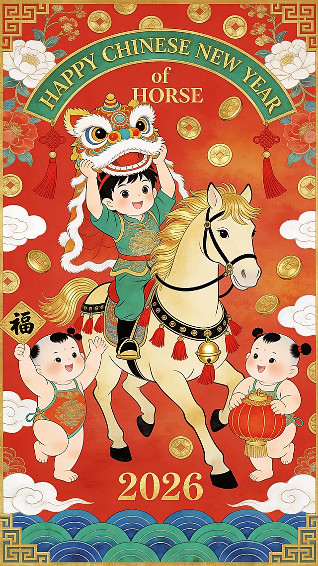 动画风格。主体为舞狮少年骑金鬃骏马（少年头戴狮头帽，双手挥舞狮头；骏马马具饰红流苏与金色铃铛，呈迈步姿态）。马匹两侧有两个福娃（左侧举 “福” 字欢呼；右侧怀抱大红灯笼）。空中飘浮金色铜钱、红色流苏、白色祥云。顶部弧形排列烫金质感的 “HAPPY CHINESE NEW YEAR” “of” “HORSE”，下方正中央为数字 “2026”。底部饰蓝绿色波浪纹样，画面四周设金色中式回纹边框，红色背景，整体充满春节舞狮喜庆氛围。