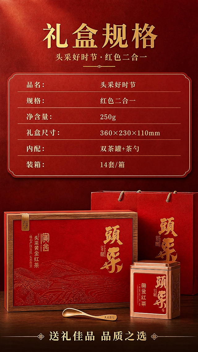 [商品] 使用【图1】作为规格页产品展示参考，保留头采黄金红茶礼盒红金配色、木质边框、烫金文字、手提袋与茶罐的完整外观和全部包装文字；礼盒置于画面下方居中，占画面约40%。
[画面] 目标：规格信息收尾页，清晰展示礼盒参数与配置，新增净含量250g信息。构图：上半部分为规格信息区，下半部分为礼盒产品图，信息区占画面约50%。阅读动线：顶部规格标题→中部参数表格→下方礼盒展示。前中后景：前景信息卡片、中景礼盒、后景深红渐变背景。
[视觉] 套系策略：风格=东方新中式高端商业摄影；标题字=书法宋体/衬线粗体，带烫金质感；正文字=简洁宋体；主色=中国红+深木棕；背景延展=基于红金做深浅层级、同色渐变和细腻宣纸/木纹质感；强调色=烫金色，仅用于小面积图标、引线和标签；标题色=烫金色；正文色=深棕红；组件=圆角红底金纹信息卡、细线金色引线、金色分隔线；光影=均匀柔光，信息卡有轻微阴影，礼盒有自然高光。
[文字] 顶部主标题「礼盒规格」，副标题「头采好时节·红色二合一」；中部用金色细线表格形式列出参数：「品名：头采好时节」「规格：红色二合一」「净含量：250g」「礼盒尺寸：360×230×110mm」「内配：双茶罐+茶勺」「装箱：14套/箱」；底部一行收尾语「送礼佳品 品质之选」。所有文字均为横排，字号保证手机端清晰可读。
[规格] 图片比例9:16竖版，4K分辨率，medium质量；避免变形、错字、文字过小、冷蓝/蓝灰背景、礼盒颜色改变、参数信息错误。