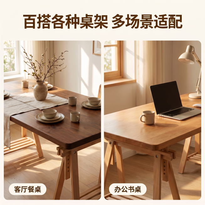 [主图 4] 纯实木桌面板多场景百搭展示主图。
[氛围风格] 统一家居治愈风，自然生活氛围感；
[画质] 商业摄影质感、光线柔和通透、产品清晰真实、画面干净高级。
[元素] 双宫格拼图，展示同一纯实木预览效果