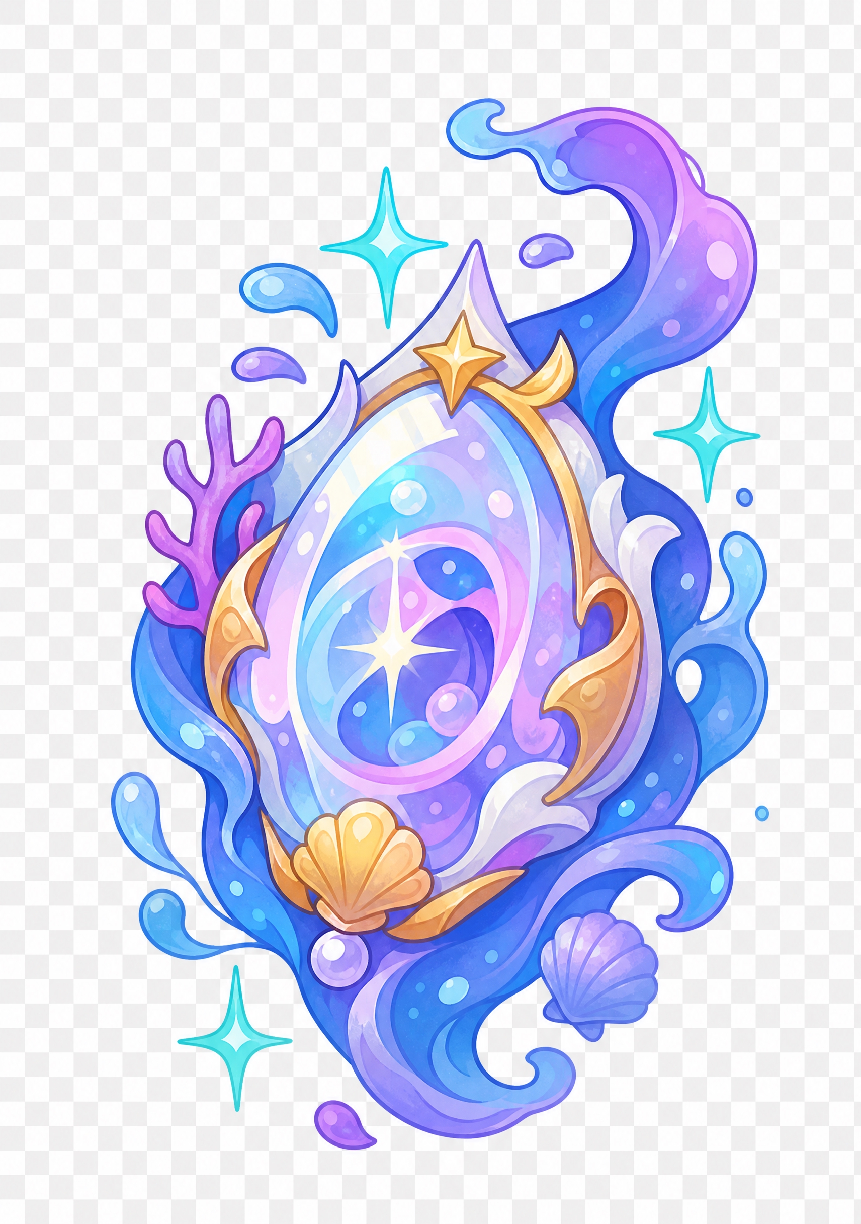 参考图中的卡通插画风格，重新绘制一个带有海洋元素的神秘宝石图标… - 图片创意预览