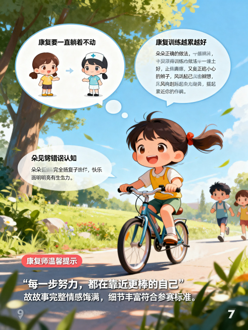 全新儿童物理治疗参赛科普故事图文7-9页，和前6页画风统一细腻治愈，第7页：科普误区板块，用卡通气泡对比展示“康复要一直躺着不动”“康复训练越累越好”等常见错误认知，搭配朵朵的正确做法示例，内容清晰实预览效果