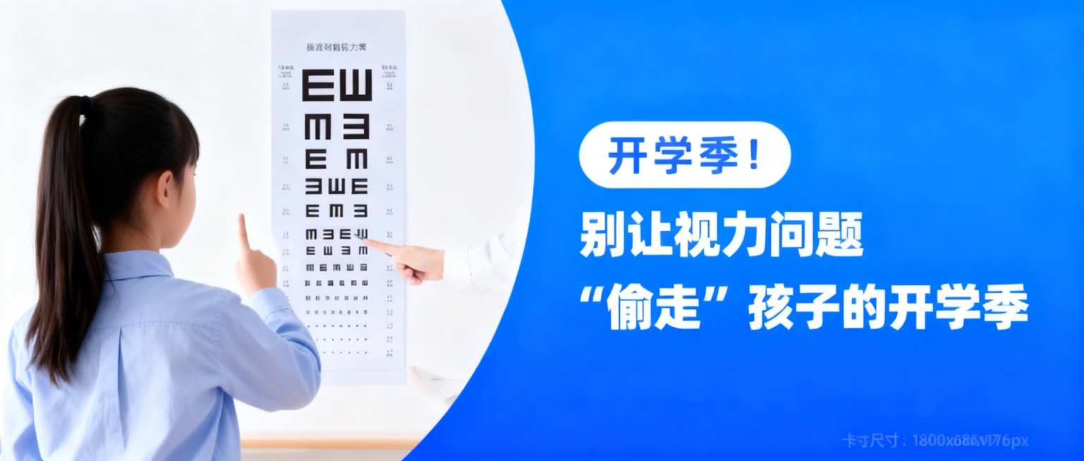 保持原图整体构图和文案，将图片里的男孩换成女孩，图片背景调整为蓝色系列渐变配色，保留标准对数视力表和文字“开学季！别让视力问题“偷走”孩子的开学季”，尺寸为1800x766px预览效果