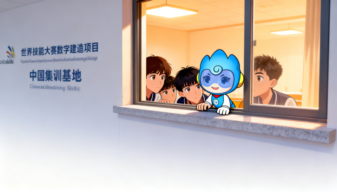 几个高中生年龄的技校学生躲在世界技能大赛数字建造项目中国集训基地的窗外，露出侧脸，眼神专注好奇往室内偷看，室内透出温暖的灯光，让蓝色Q版IP形象也踮着脚趴在窗台边，和学生们一起往里看，动漫风格，治愈系预览效果