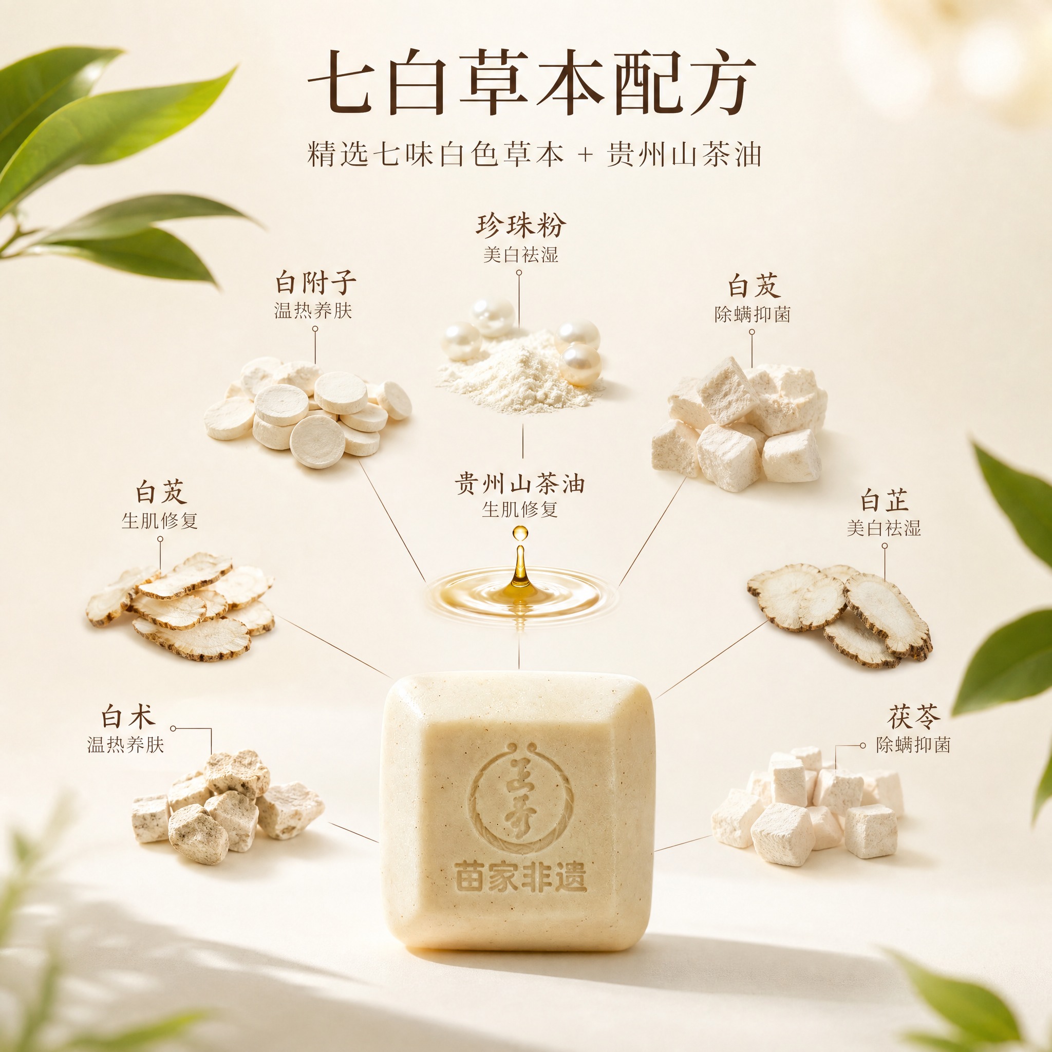 [主图-2] 核心成分解析，展示七白草本配方与山茶油的天然植萃… - 图片创意预览